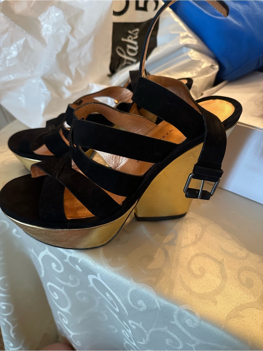 Black Suede Strappy Platform Wedge Sandals with Gold Platform Marc Jacobs